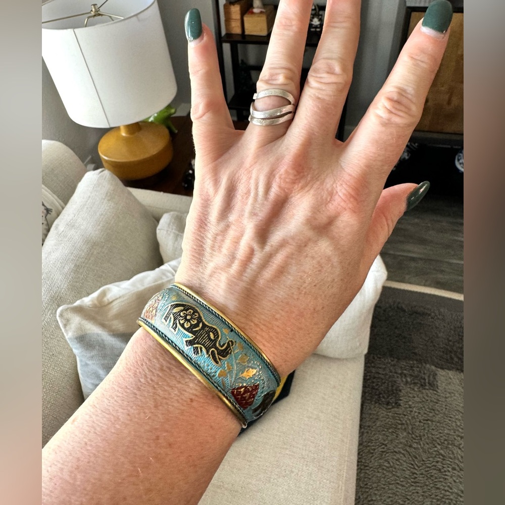 Artisan Nepal Brass Painted Elephant Cuff Bracelet - Picture 2 of 7